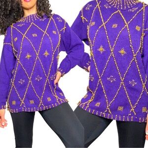 Vintage 80s, 90s Purple Holiday Gold Pearl Beaded Tunic Sweater Granny Core (M)